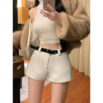 白色西裝腰帶短褲女2025春夏新款高腰顯瘦直筒休閑褲子辣妹熱褲黑