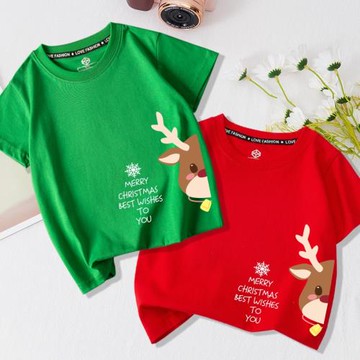童裝圣誕節半袖過年綠色兒童t恤
