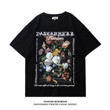 KUBA潮牌美式時尚花朵印花2024夏季新款男女情侶寬松學生休閑T恤