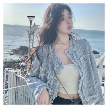 【Lockers 木櫃】丹寧流蘇粗呢短版外套 L114103104