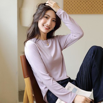 KPUWARM - 圓領寬鬆素色長袖上衣-紫色 (F)