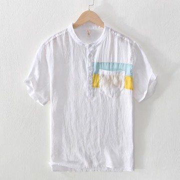 夏季男士亞麻短袖襯衫立領套頭紐扣半袖襯衣文藝復古青年寸衫男裝