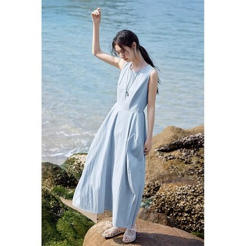 【桃喜Rich女裝】韓版休閒裙子 藍色洋裝 海邊度假風無袖連衣裙女 夏季收腰顯瘦氣質長裙子 寬鬆顯瘦A字裙 優雅氣質女裝