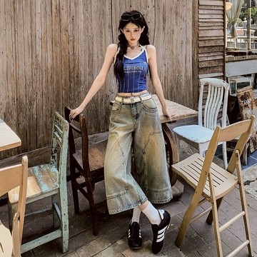 【T-2】🖤牛仔褲 美式復古做舊牛仔短褲男女春夏拼接高級感大碼顯高闊腿直筒七分褲 七分褲男 牛仔褲 寬鬆牛仔褲