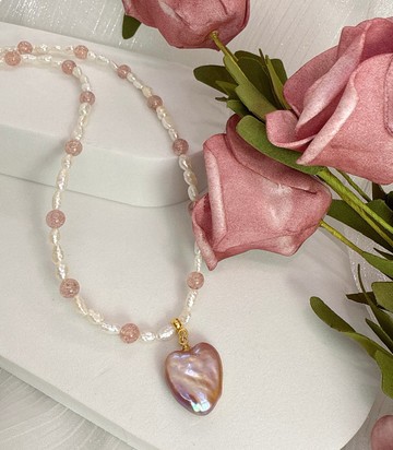 【TING】心輪映潮之誓 - 炫彩心型珍珠 × 草莓晶能量項鍊