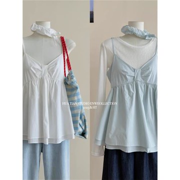 韓系2025夏新款荷葉邊雙層吊帶背心百搭v領蝴蝶結氣質顯瘦吊帶衫