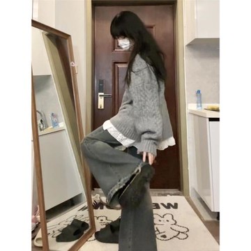灰色v領麻花小眾寬松軟糯針織衫