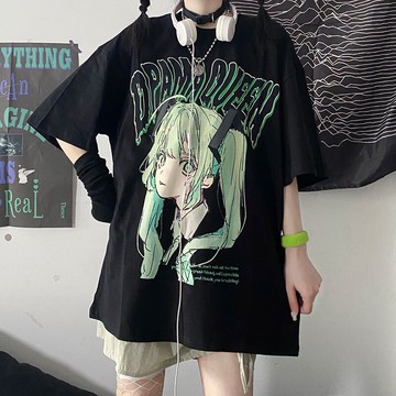 FINDSENSE X 韓潮 男士 街頭流行 動漫美少女印花 寬鬆 嘻哈 短袖T恤 情侶T