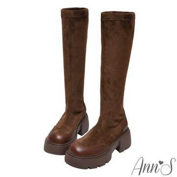 Ann’S激瘦塑身感-彈力絨布厚底及膝長靴6cm-咖