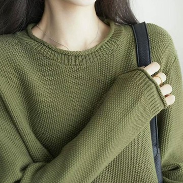【臺灣出貨】圓領純色針織毛衣女 寬鬆慵懶風毛衣外套女 春秋季顯瘦打底衫 長袖針織上衣 百搭圓領毛衣 寬鬆落肩毛衣
