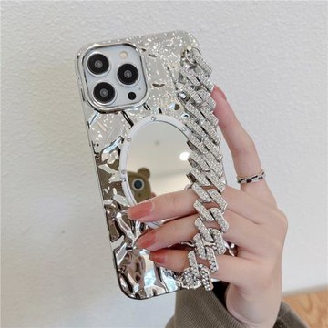 錫紙硅膠套適用iphone16/17promax鏡子手機殼蝴蝶掛件13/14滿鉆鏈條腕帶蘋果15promax銀色電鍍保護殼高級褶皺