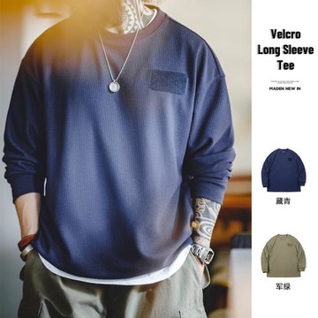 馬登工裝 美式休閑華夫格長袖T恤圓領魔術貼落肩百搭疊穿衛衣男秋