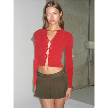 gusty復古國風千禧辣妹紅色盤扣針織衫25春夏甜美長袖打底短上衣