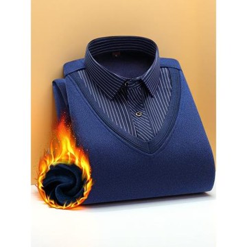 冬季男士襯衫領毛線衣加絨加厚保暖襯衫中老年爸爸假兩件針織襯衣