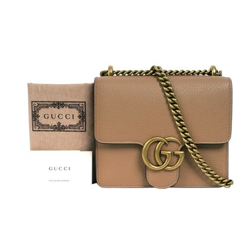 [平輸]GUCCI Marmont 金色標誌粒紋皮革肩背/斜背二用鍊包(裸粉色)