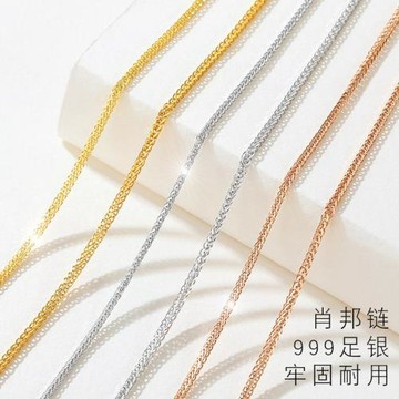 999純銀肖邦鏈銀項鏈18k金色無吊墜長款毛衣鏈女鎖骨鏈銀鏈素鏈子