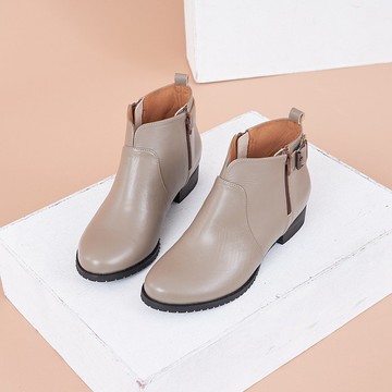 內外全皮_V口雙拉鍊平底短靴 灰色