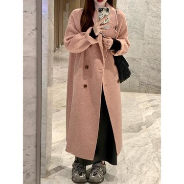 粉色雙面羊絨大衣女175高個子加長版到腳踝秋冬季高級感毛呢外套