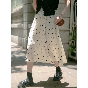 秋曦法式復古波點半身裙女夏季高腰顯瘦垂感小個子中長款a字裙子