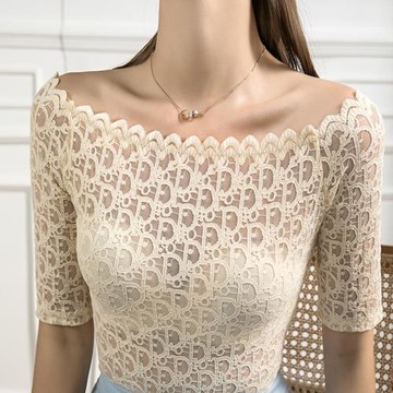 2026春款新款一字領蕾絲打底衫女五分袖修身露肩性感字母秋季中袖