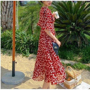 碎花洋裝 短袖連身裙 紅色雪紡連衣裙 碎花短袖 夏季新款 韓版 氣質 中長款 沙灘a字裙