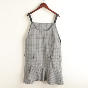 2021冬季新款 韓版格紋背帶裙女不規則下擺連衣裙百搭剪標