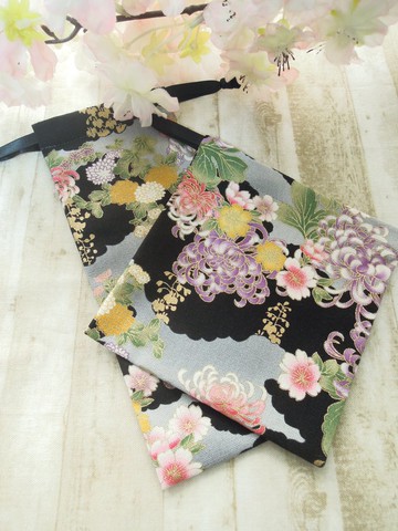 攏雲閣 黑底彩菊鑲金邊簪袋收納袋
