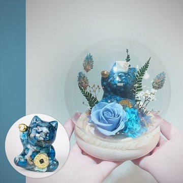 【KIRA與花花藝】水晶招財貓永生花LED玻璃罩夜燈/藍澳寶/生日禮物/情人節禮物/送禮/永生花/開幕/喬遷
