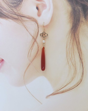 檸檬手作   紅瑪瑙長水滴耳環/美國14K包金防敏耳勾/可改耳夾