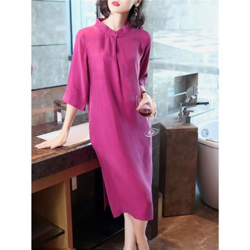 日常改良中國風紅色旗袍春夏高級感媽媽連衣裙減齡顯瘦銅氨絲長裙