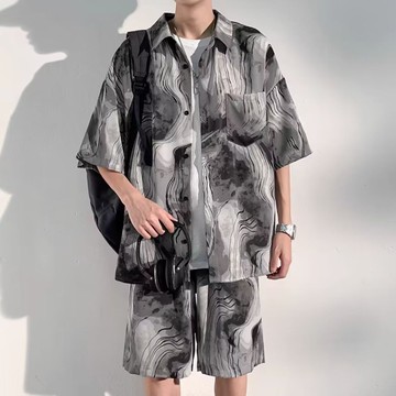 夏季新款水墨扎染冰絲短袖襯衫男襯衫套裝 2025寬鬆休閒上衣短褲潮