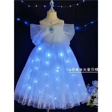 女童愛莎公主裙子夏季正版冰雪奇緣艾沙蓬蓬紗裙兒童會發光連衣裙