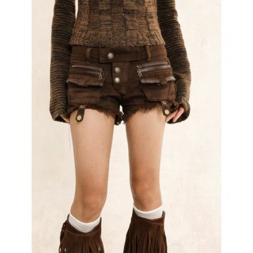 棕色短褲女復古做舊咖色牛仔短褲女春廢土風美式復古毛邊包臀靴褲