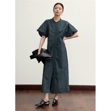 【清倉】泡泡袖V領連衣裙氣質高級感寬松遮肉裙子收腰顯瘦長裙