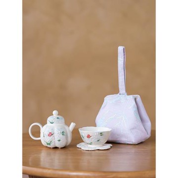 畫續水彩風手繪蝶舞花間茶壺陶瓷茶具旅行套裝一壺一杯便攜收納包