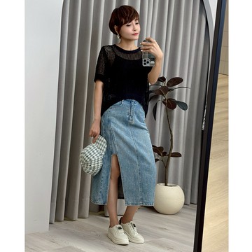 【資深EVA姐｜私服穿搭$1680起】鏤空寬鬆短上衣罩衫/側開衩牛仔長裙