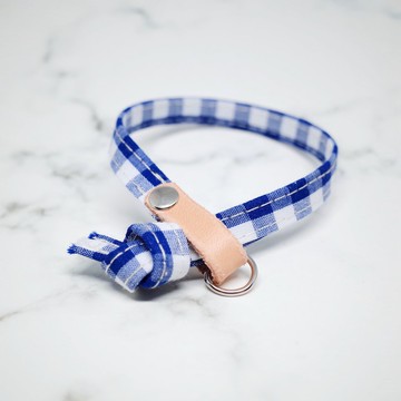 貓 項圈 無印 紳士 藍 格紋 純棉 植鞣皮 贈鈴鐺 水藍 可加購吊牌