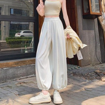 SY冰絲速幹防曬休閒燈籠褲女夏季薄款高腰垂感顯瘦束腳褲休閒減齡哈倫九分寬鬆闊腿褲