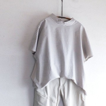 棉麻+針織 無肩線 T恤-條紋