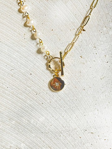 淡水珍珠星星圓吊牌頸鏈