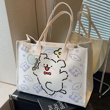 綫條小狗托特包 大容量卡通帆布包包女學生通勤時尚外出手提購物袋媽咪單肩托特包