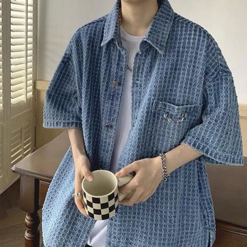 夏季小香風牛仔襯衫男士韓版短袖襯衣ins設計感寬松休閑痞帥上衣