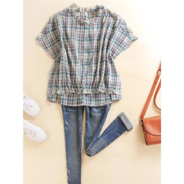 大碼韓版寬松格子襯衫女夏季新款木耳花邊前短后長個性上衣女潮