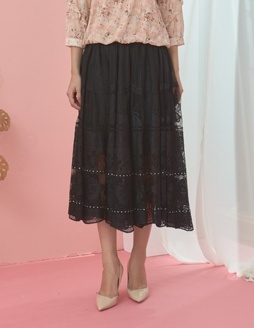 ★【喜芝梅】暗夜華爾茲 復古亮飾透視網紗蕾絲蓬蓬裙(黑色；M-2L) 224290771