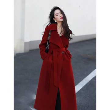 (免運)新年戰袍紅色雙面羊毛大衣女秋冬新款韓版寬松復古赫本風毛呢外套