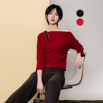 【MEDUSA】斜肩肩帶抓褶造型T恤-2色(M-XL) | 女休閒上衣 長袖T恤