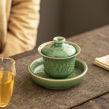 輕奢復古青瓷影雕防燙家用三才蓋碗手工大號泡茶敬茶碗單個禮盒裝