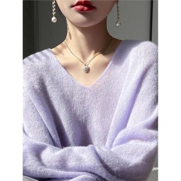 復古高級感v領香芋紫圓領針織衫女秋季外穿羊絨衫慵懶寬松毛衣薄