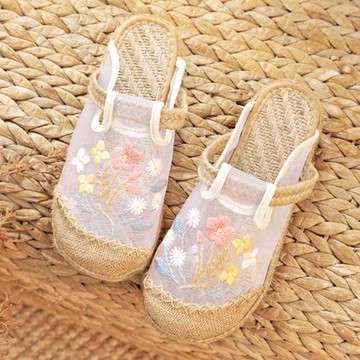 夏季透氣淺口懶人網布繡花涼拖鞋輕便軟底亞麻學生休閑茶藝漁夫鞋
