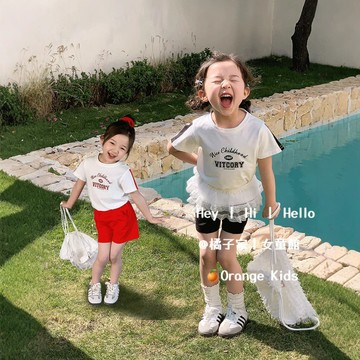 Orange Kids🍊【90-150】女童短袖套裝 韓版童裝 夏季男女童百搭字母印花T恤 兒童上衣短褲兩件套 幼兒園服